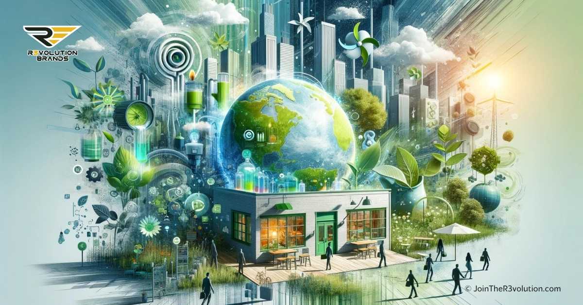 Illustration of green franchises driving sustainable development and carbon footprint reduction through eco-innovation in franchising, symbolizing their pivotal role in shaping a greener and more sustainable future.