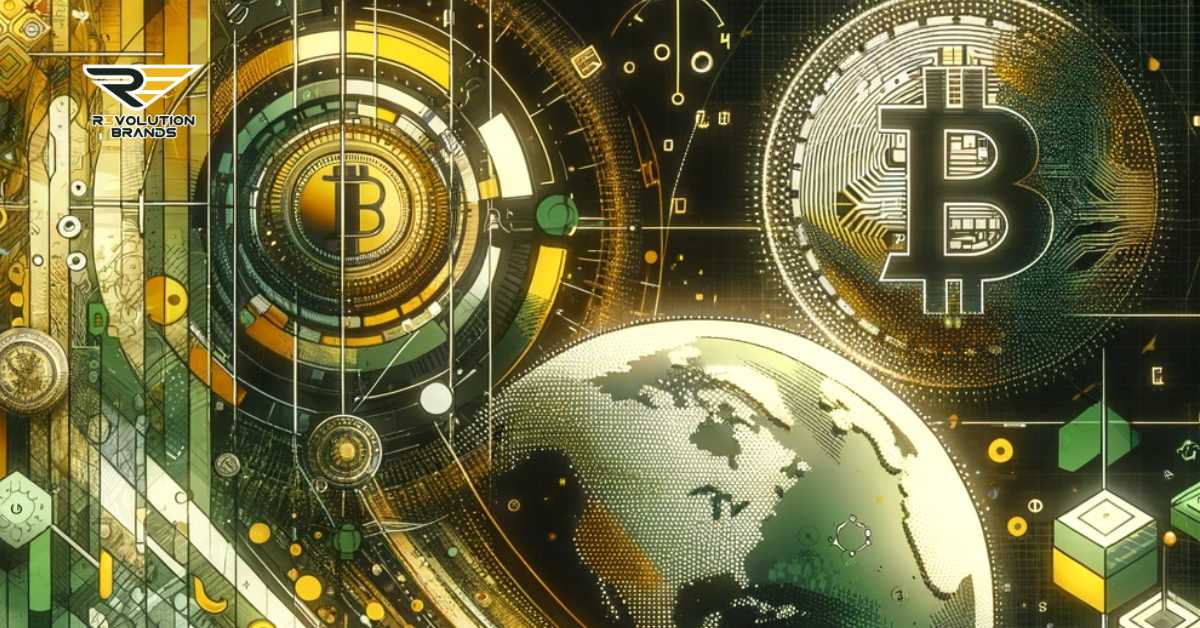Abstract image depicting the economic landscape of 2024, showcasing elements of digital currencies, global workforce connectivity, and green environmental policies, in a palette of golden yellow and dark grey, symbolizing innovation and future economic trends.