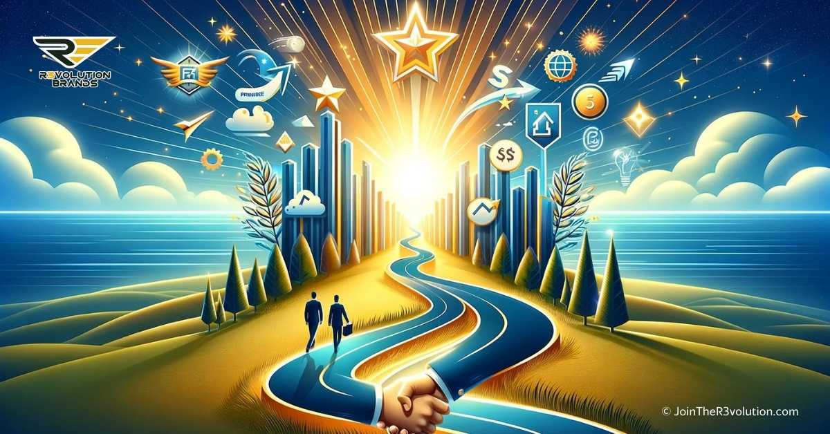 An uplifting image illustrating franchise success strategies, with a winding road symbolizing the journey to success. The image showcases strong franchisee support through visual elements like a handshake and upward arrows, while emphasizing franchisor responsibilities for guidance and growth.