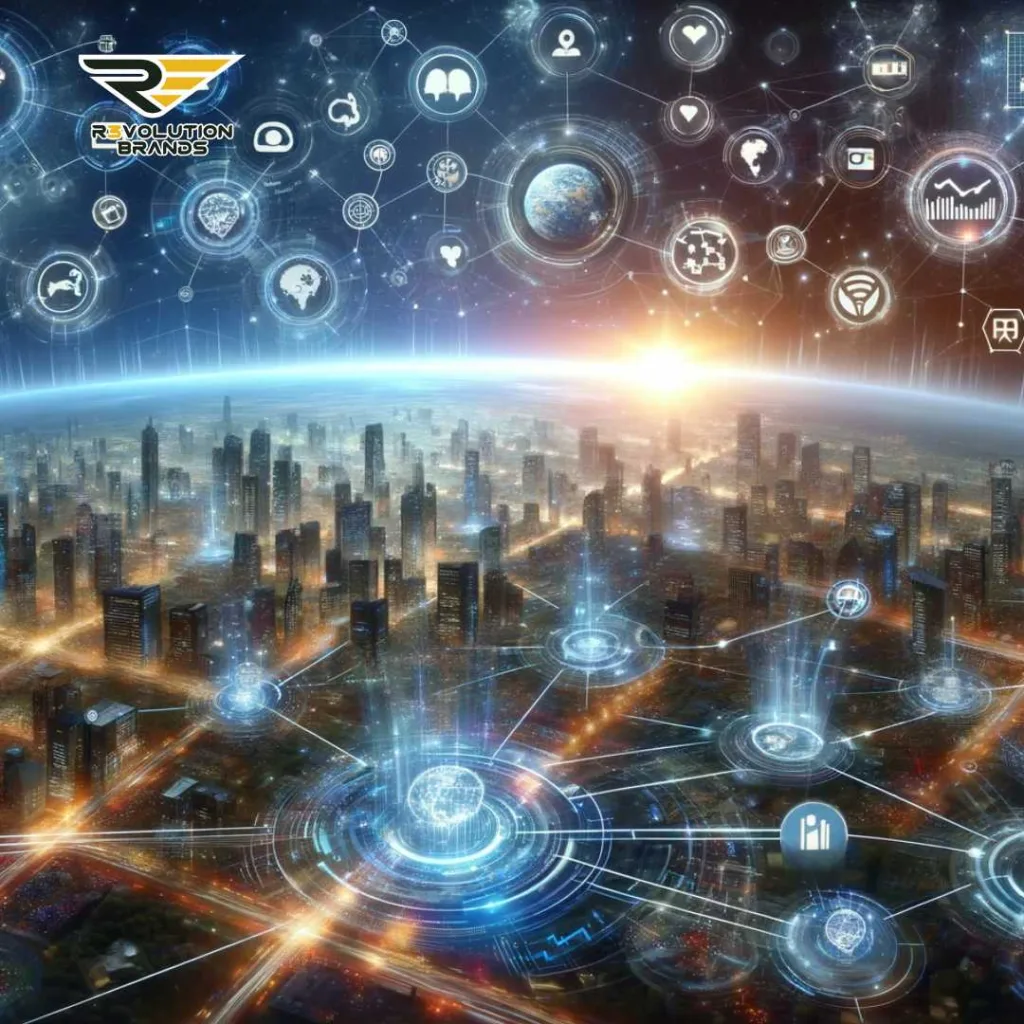 A futuristic digital landscape representing the interconnected world of franchise digital marketing, featuring glowing data streams, social media icons, and SEO success graphs, illustrating how franchises thrive through digital connectivity and innovation.
