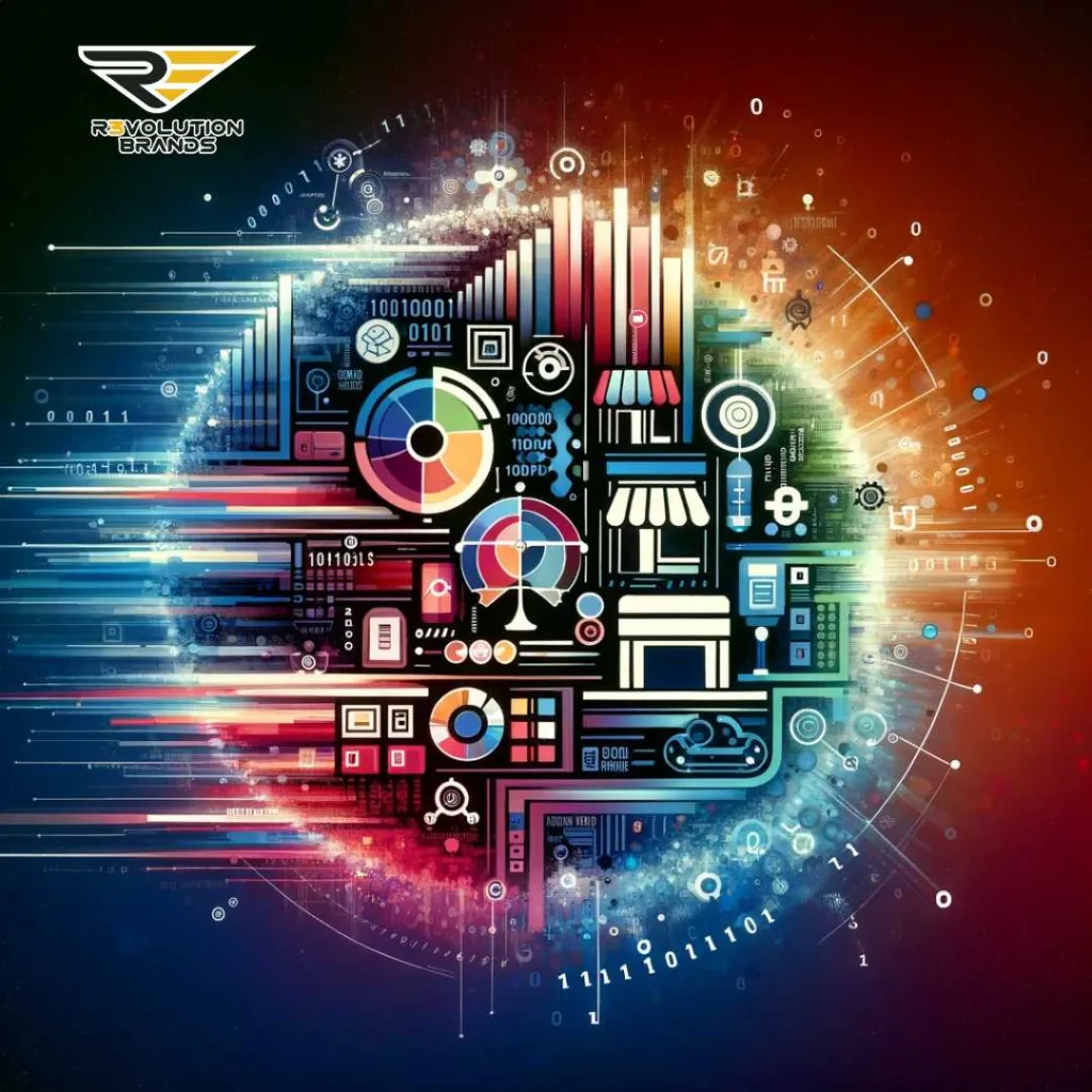 Abstract image illustrating the future of franchising, featuring a blend of digital elements like binary codes and AI-inspired graphics with traditional franchising symbols such as storefronts and service icon