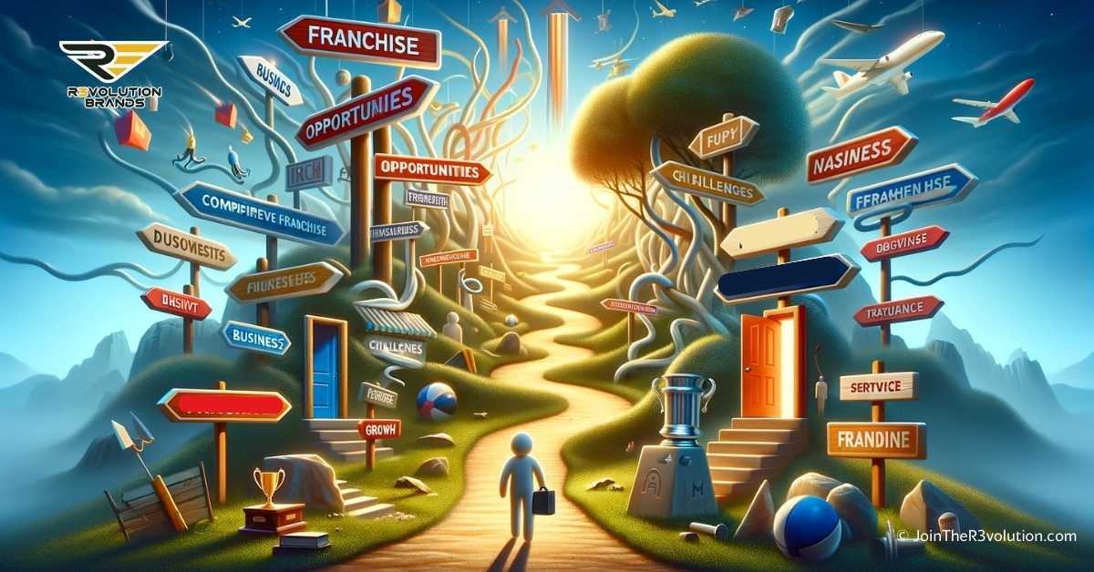It visually represents the comprehensive guide for navigating the franchise landscape, embodying the journey of first-time franchisees through opportunities and challenges towards success in franchising.