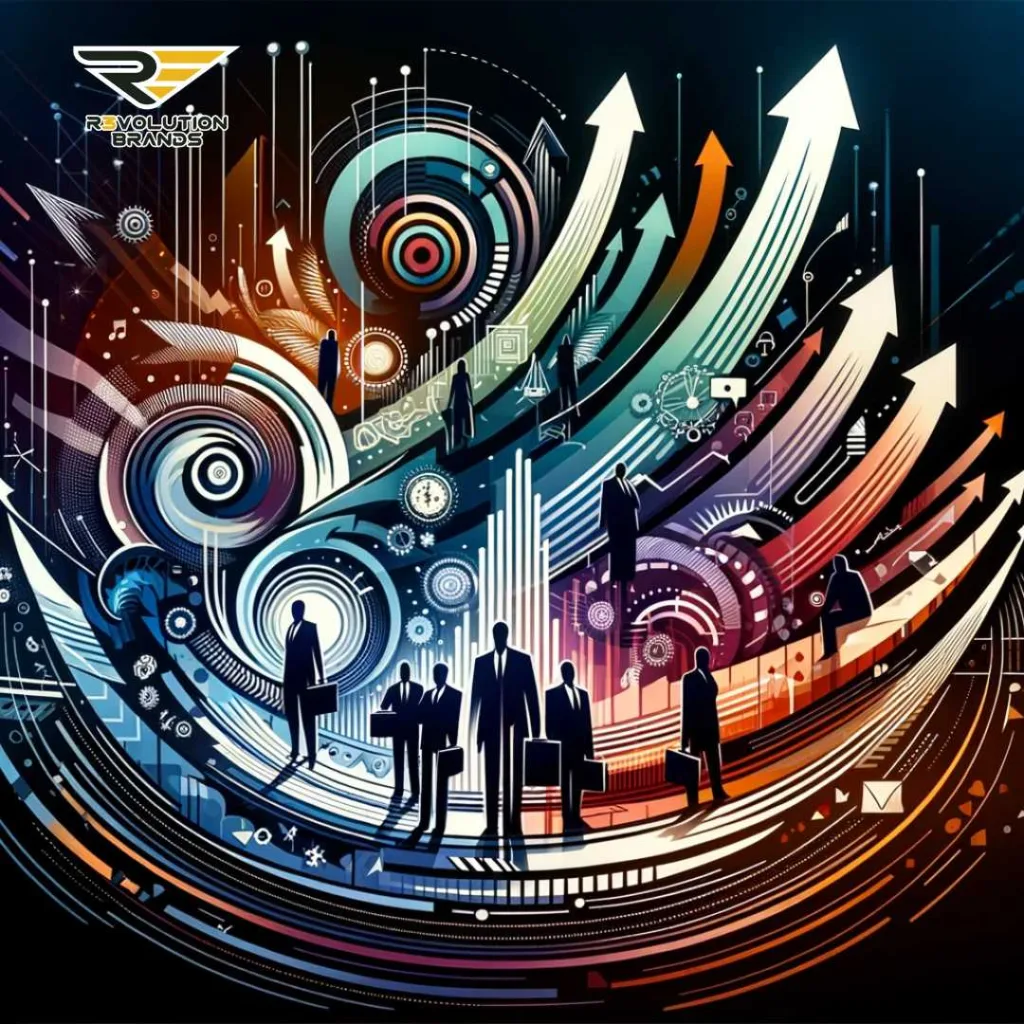 Abstract illustration of professionals in silhouette against a vibrant backdrop of rising arrows and swirling patterns, symbolizing progressive business growth and innovation.