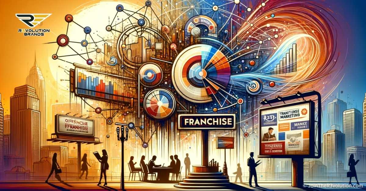 Abstract representation of traditional franchise marketing methods, including face-to-face networking, a seminar scene, a cityscape billboard, and a promotional event, all harmoniously blended in R3volution Brands' colors.