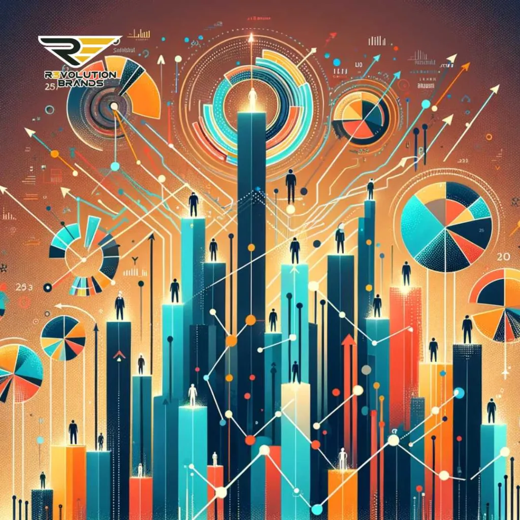 The generated image abstractly visualizes the concept of franchise success statistics, incorporating elements like ascending bars, pie charts, and upward arrows to symbolize statistical growth and positive outcomes in franchising. Abstract figures representing franchisees are connected by dotted lines, indicating networking and support within the franchise community. The color scheme includes R3volution Brands' primary and secondary colors, conveying achievement, support, and collective success in the franchise industry.