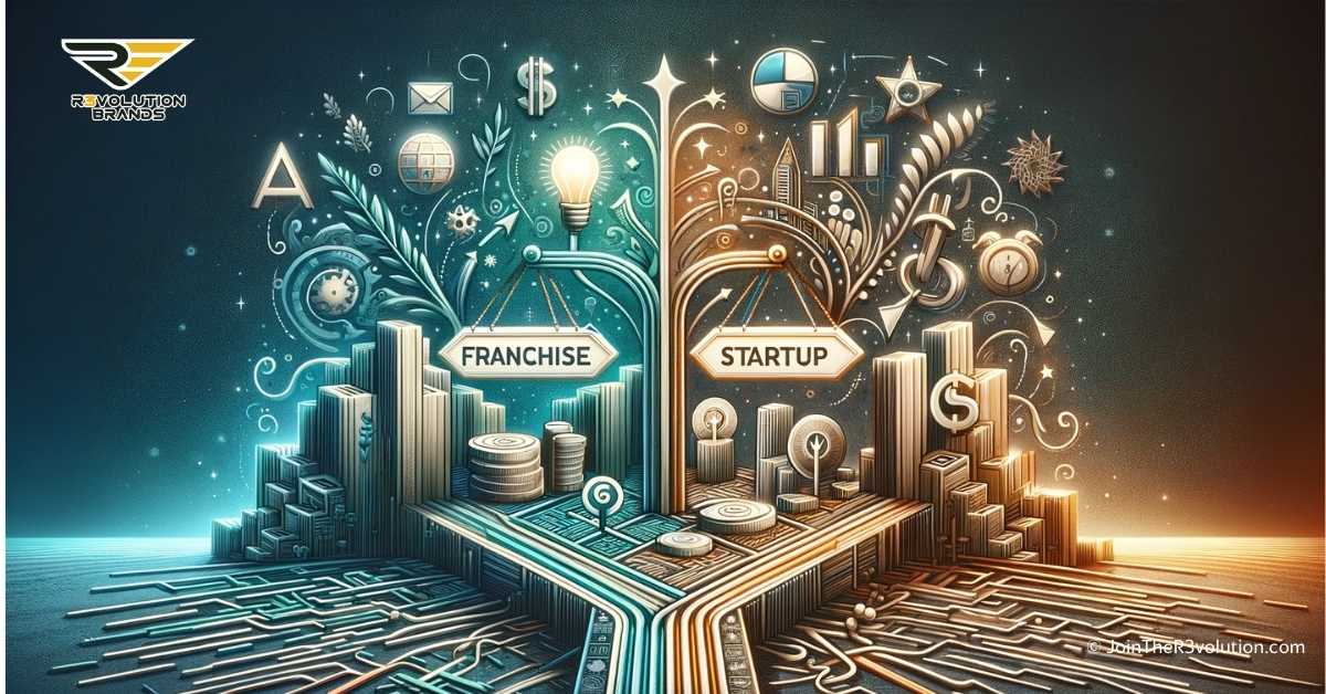 Abstract illustration comparing a franchise and a startup, emphasizing key decision-making elements, showcasing the balance between franchisor support and entrepreneurial innovation, relevant to both franchisees and independent business owners.