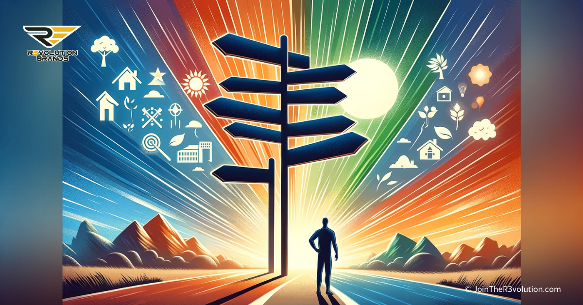 Abstract figure at a crossroads with signposts featuring icons like a house, leaf, sun, representing different franchise opportunities