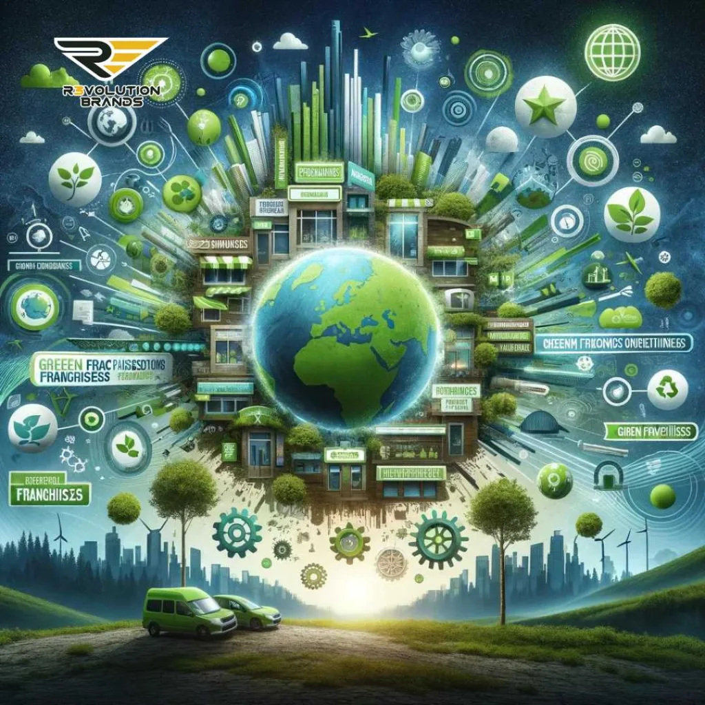 Abstract visualization of green franchises leading sustainability in franchising, showcasing eco-friendly operations and sustainable business practices, highlighting the industry's commitment to environmental compliance.