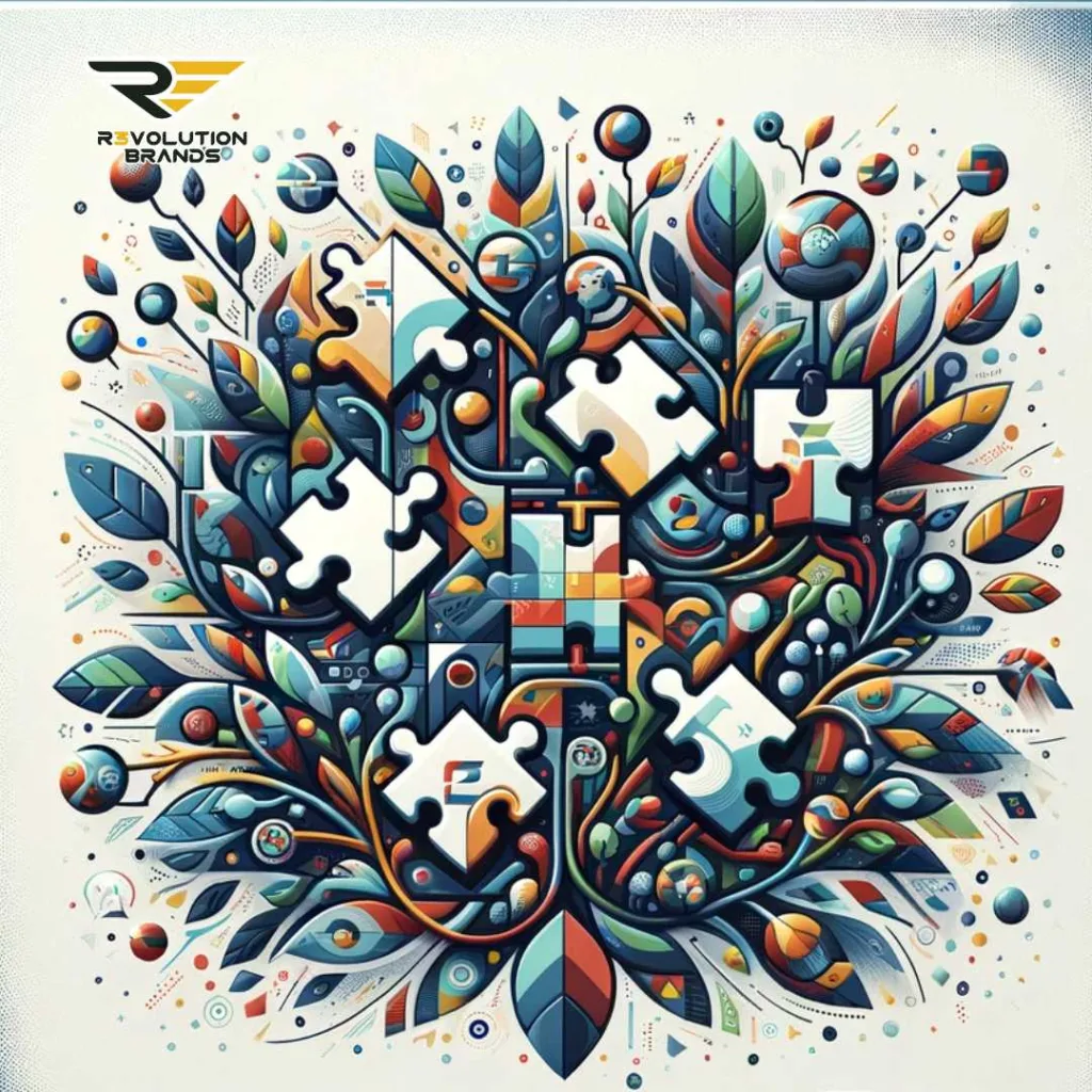 An abstract representation of franchising success, featuring interconnected puzzle pieces for collaboration, a strong foundation for stability, and flourishing foliage for growth, in R3volution Brands' colors.