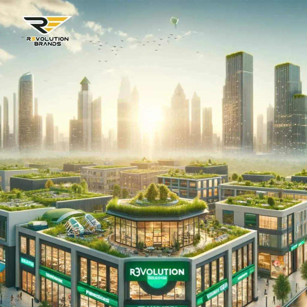 Conceptual cityscape blending urban architecture with nature, showcasing eco-friendly franchises with green roofs, energy-efficient buildings, and community green spaces, embodying the integration of green business practices in an urban environment.