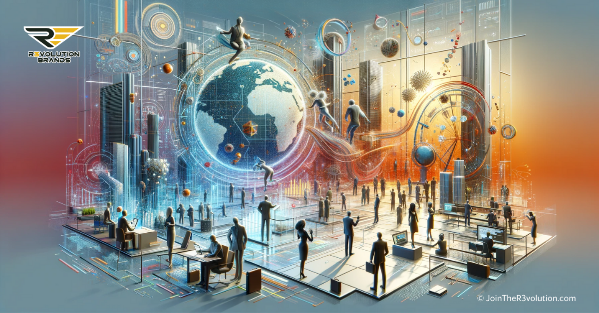 A dynamic 3D depiction of a futuristic business environment, with abstract human figures engaged in innovative activities in a high-tech office space.