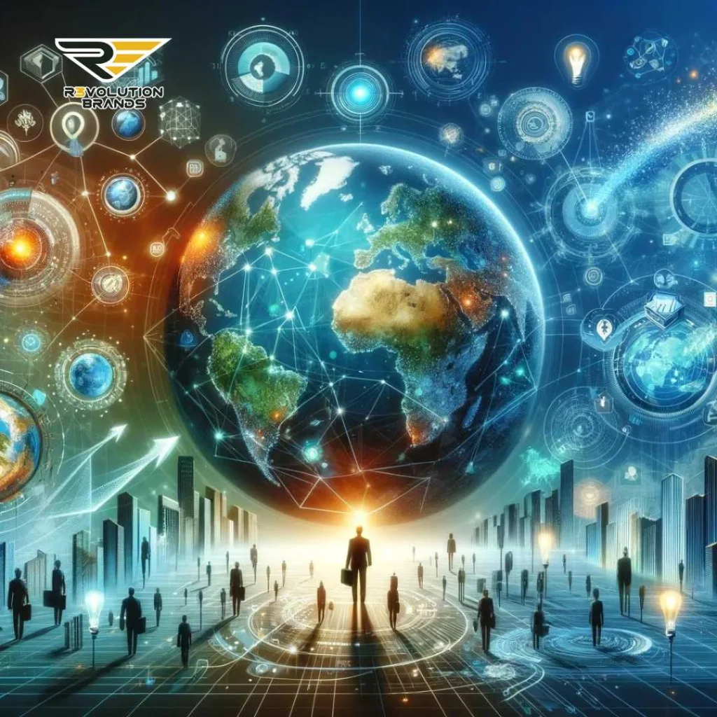 Abstract depiction of the dynamic global business landscape in 2024, showcasing the integration of global trade, cross-border e-commerce, growth in emerging markets, the role of technology in international business, and the commitment to ethical supply chains for sustainable success.