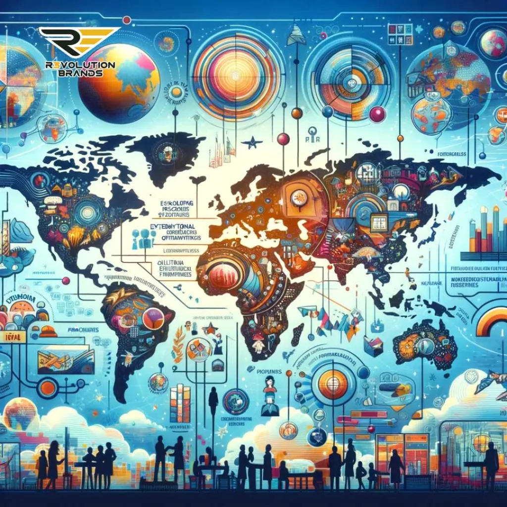 Abstract depiction of global expansion in the Franchising Industry, showcasing a world map interwoven with cultural symbols and interconnected networks, symbolizing the broad scope and cultural adaptability essential in international franchising.