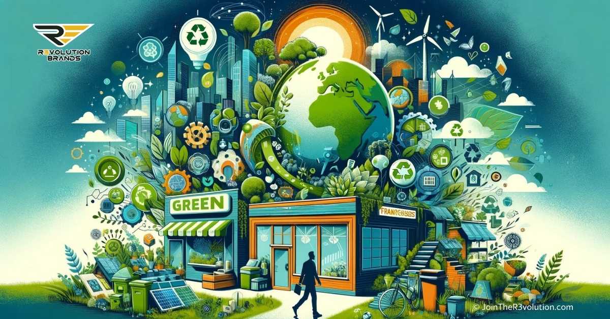 Illustration showcasing the journey of starting a green franchise, highlighting eco-friendly business practices and the tangible benefits of green franchising, set against a backdrop of sustainability and economic growth.