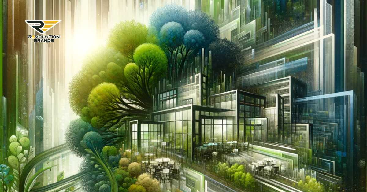 Abstract depiction of sustainable franchising, showcasing a harmonious blend of nature and modern business elements with lush greenery interwoven with clean, geometric corporate structures, emphasizing a balance between ecological responsibility and innovation in franchising.