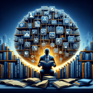 Abstract figure in a metaphorical library studying a book titled 'Franchise Mastery', surrounded by books with icons of charts and graphs