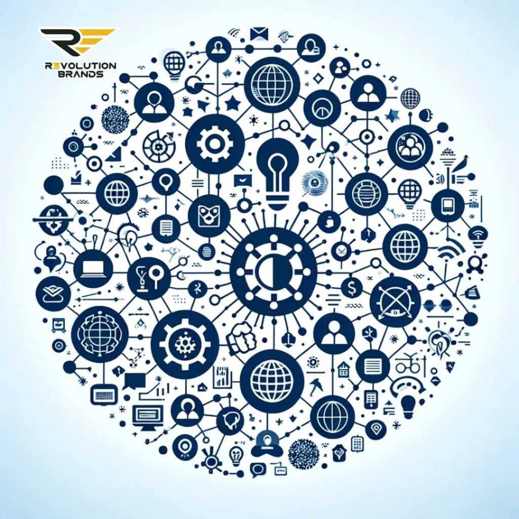 A complex network of icons representing innovation, communication, and community within a franchise system, depicted as an interconnected web of gears, light bulbs, and digital symbols, all converging around central gears, symbolizing the cohesive and collaborative nature of successful franchise networks.
