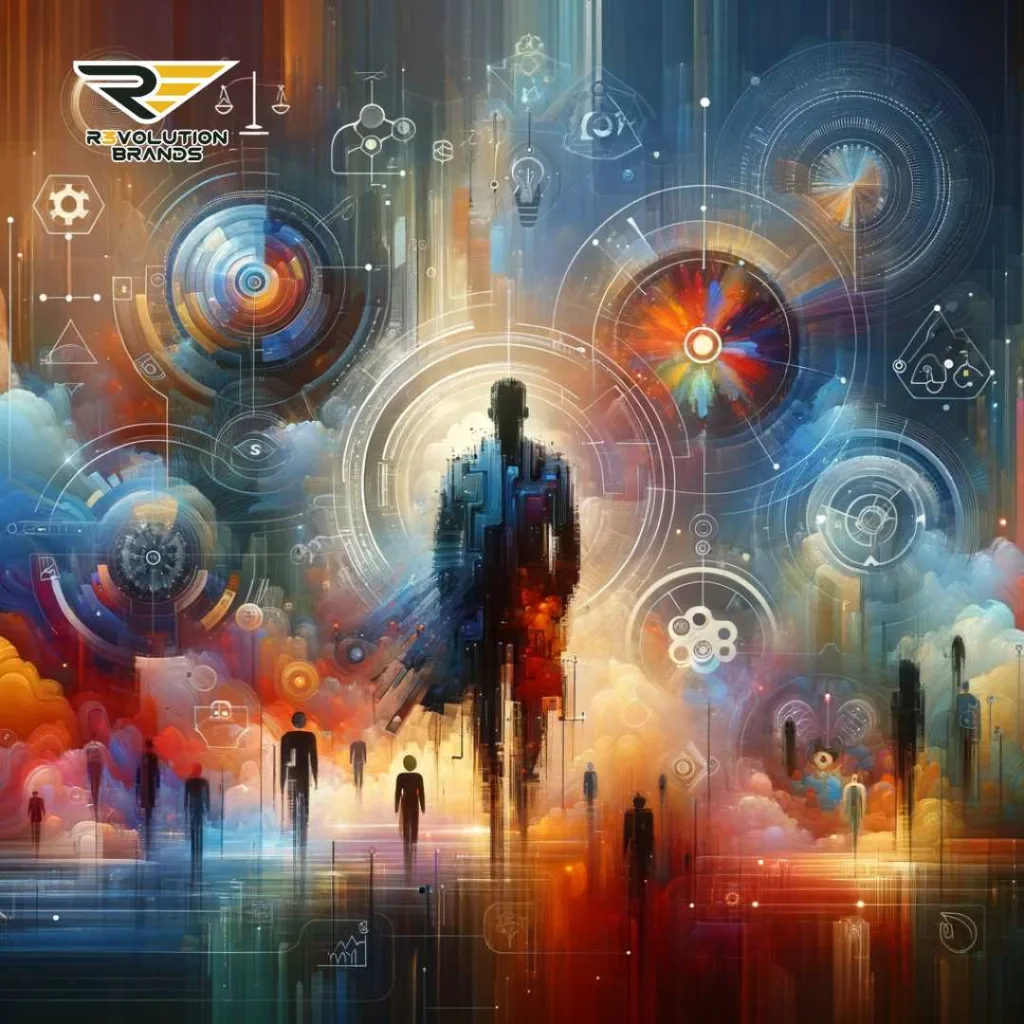 An abstract representation of innovative customer experience in franchising, featuring elements of advanced technology and community engagement, depicted in warm, inviting colors and dynamic, futuristic design.