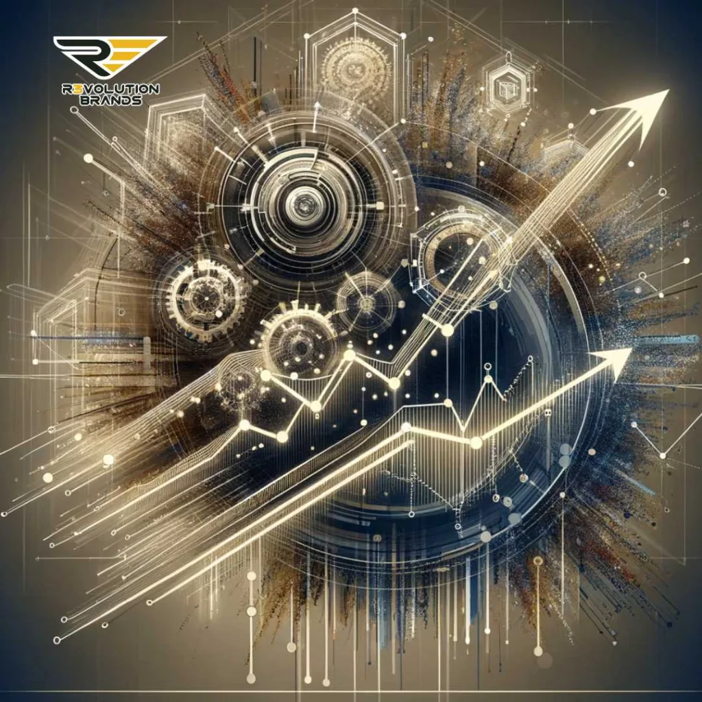 Abstract illustration depicting the future of franchising leadership in 2024, with interconnected digital networks and upward economic graphs in shades of gold and grey, symbolizing innovation, resilience, and growth