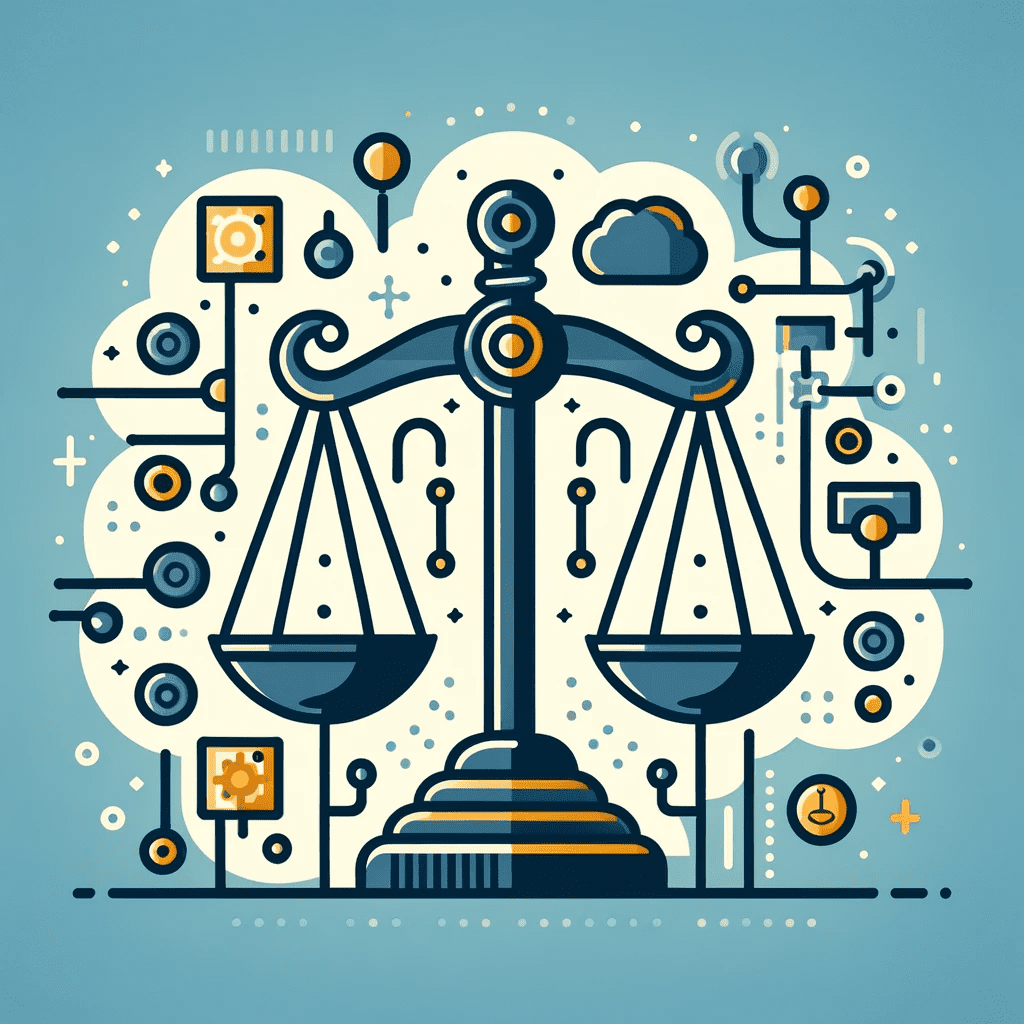 A flat icon symbolizing legal innovation in digital IP challenges, featuring a balance scale with digital elements like circuits.