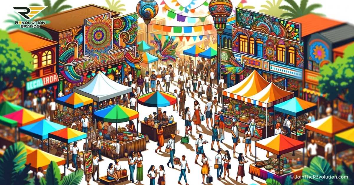 A lively community festival in a local market, showcasing a tapestry of cultural activities, vibrant stalls, and active participation from local businesses, embodying the essence of community engagement and cultural diversity