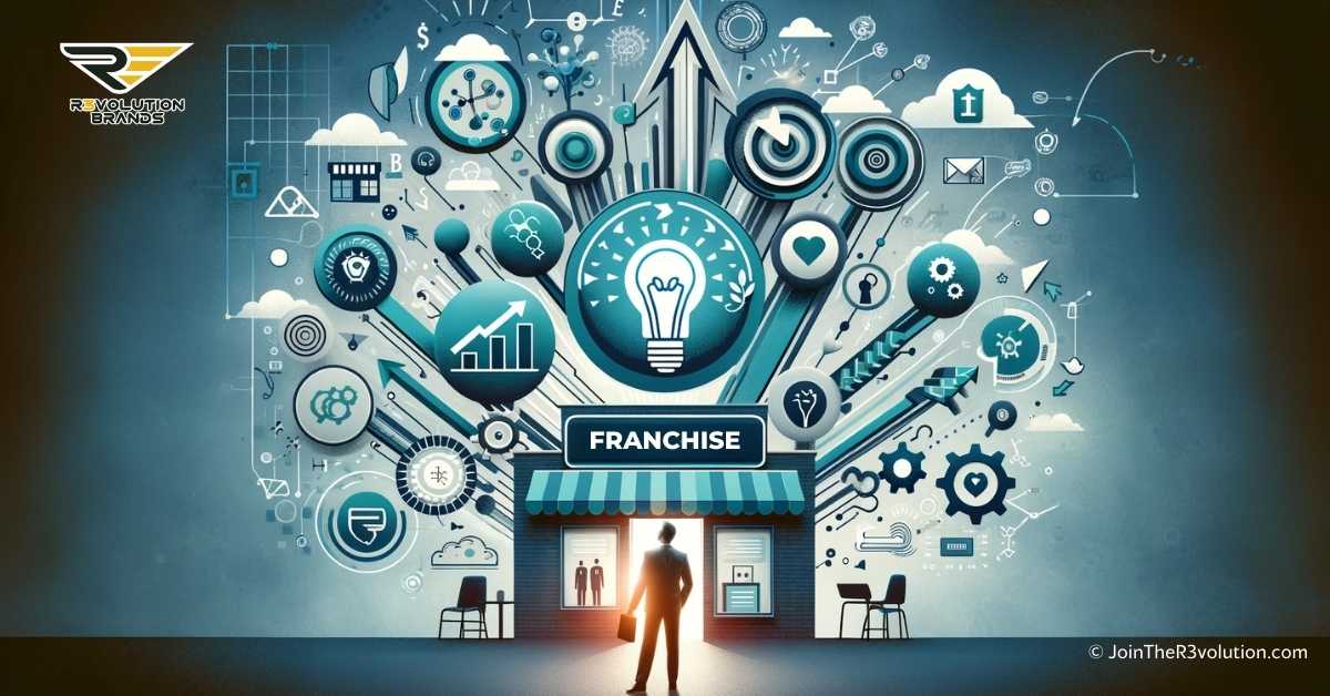 Abstract visualization depicting franchise leadership and management innovation, showcasing symbols of training in franchising and guidance from franchise industry leaders, emphasizing the integration of modern management practices in the franchising sector.