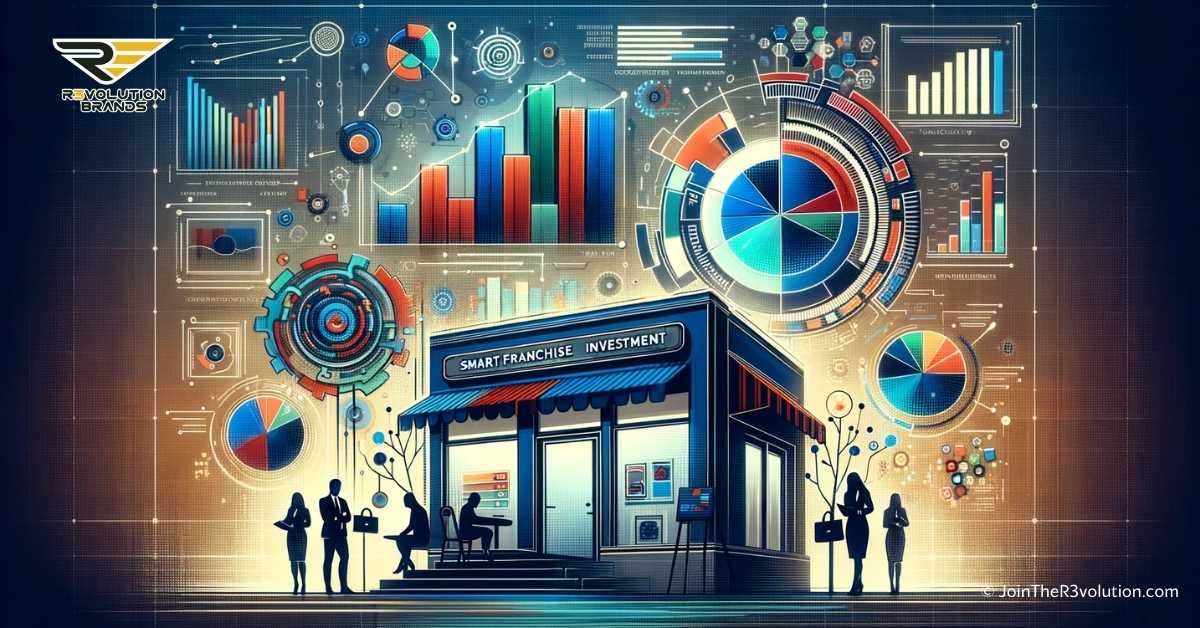An abstract representation of smart franchise investment, featuring graphs, charts, and a stylized franchise storefront in colors #EBB61A and #222222, symbolizing strategic planning and business growth in franchising.