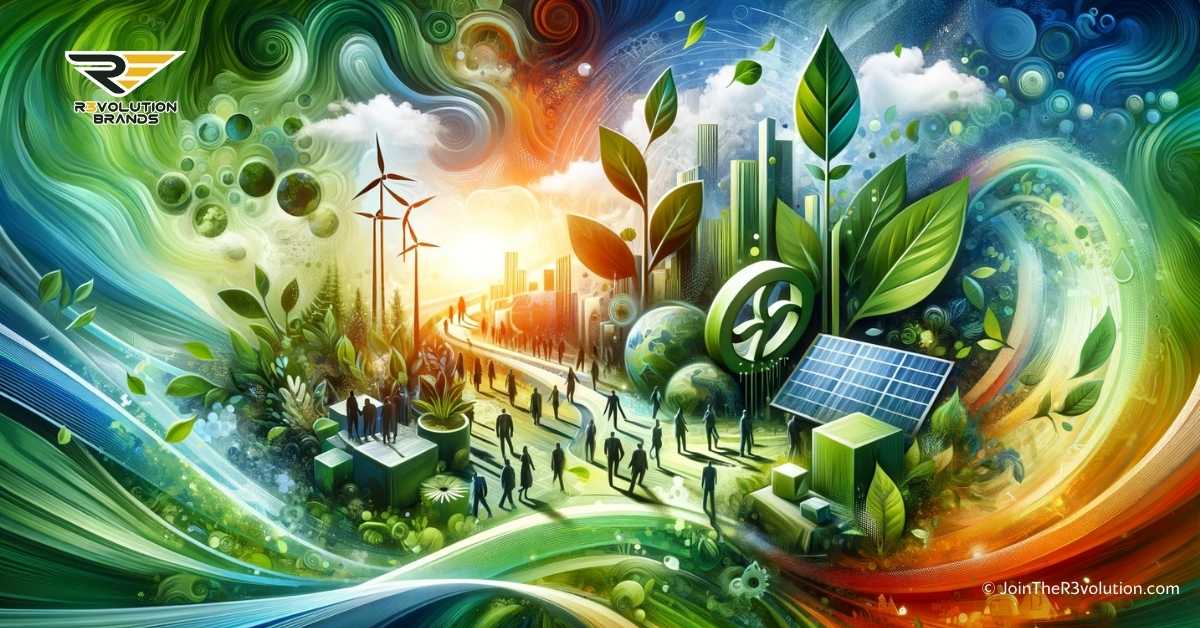 abstract depiction of a thriving, eco-friendly franchising community, symbolizing sustainable growth with green initiatives like renewable energy and collaborative franchisee efforts.