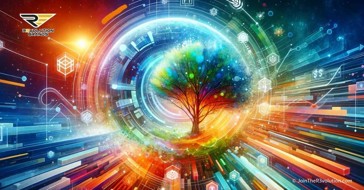 An abstract, futuristic depiction of franchising's evolution, featuring a radiant tree at the heart of a digital vortex, symbolizing the harmonious blend of eco-friendly practices and digital transformation within the franchising industry. The image radiates with R3volution Brands' colors, illustrating the vibrant growth and technological progression in a 16:9 aspect ratio.