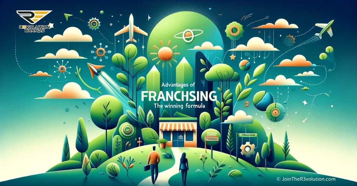 Abstract portrayal of the evolving franchise market trends, showcasing the competitive edge of franchisees, with elements symbolizing franchise support and success stories, emphasizing market adaptation in the franchising landscape.