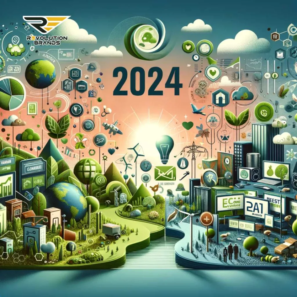 Futuristic visualization of the best business to start in 2024, highlighting a landscape of sustainable ventures, digital commerce, and wellness initiatives, symbolizing the diversity and potential of upcoming entrepreneurial opportunities.