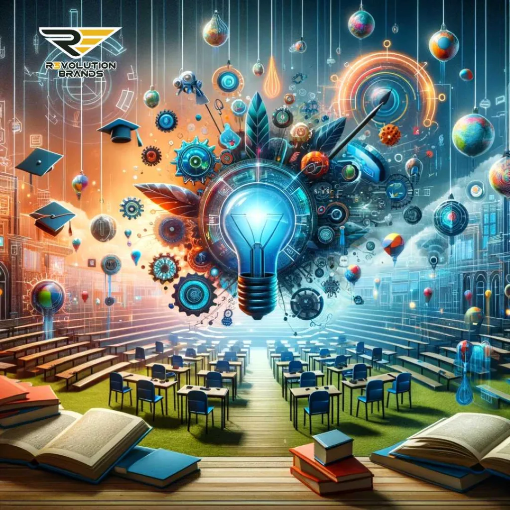 Abstract depiction of the integration of business innovation in education, showcasing a blend of digital and traditional learning elements, highlighting why business innovation is important for the advancement of modern education.