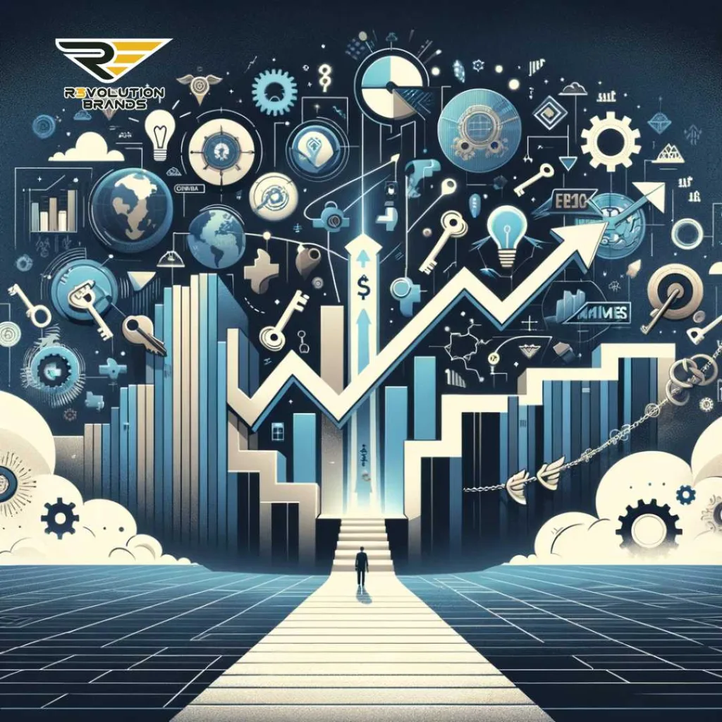 Abstract representation of the Franchise Economy, highlighting the journey of growth and challenges faced by entrepreneurs, with symbols like keys and hurdles on a path towards success, emphasizing the dynamic nature of franchising.