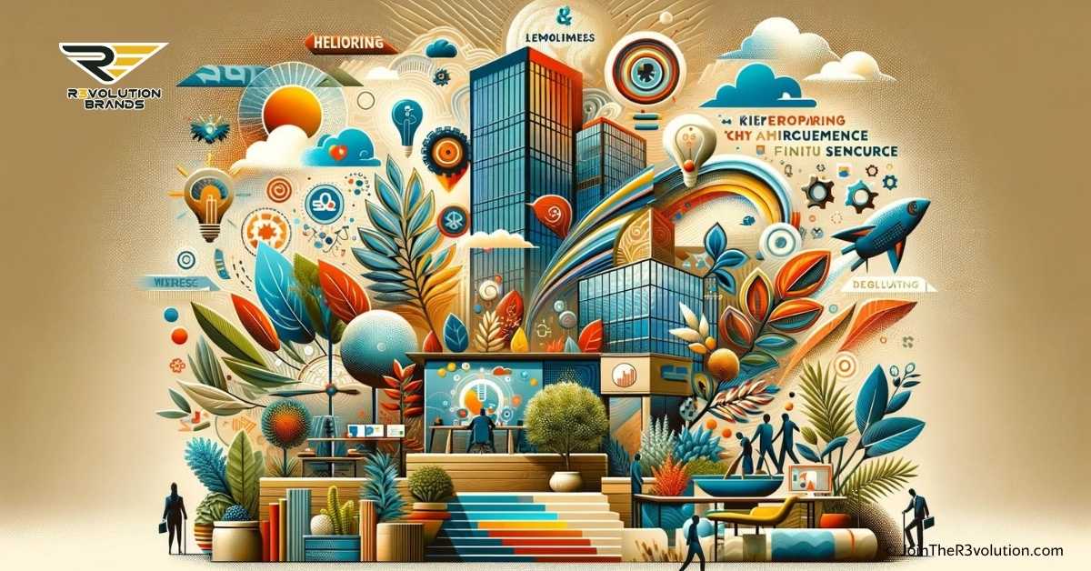 Abstract depiction of the evolving workplace in 2024, highlighting the focus on employee well-being, the cultivation of an inclusive corporate culture, the implementation of DEI initiatives, the emphasis on continuous learning, and the role of technology in driving employee engagement for organizational success.