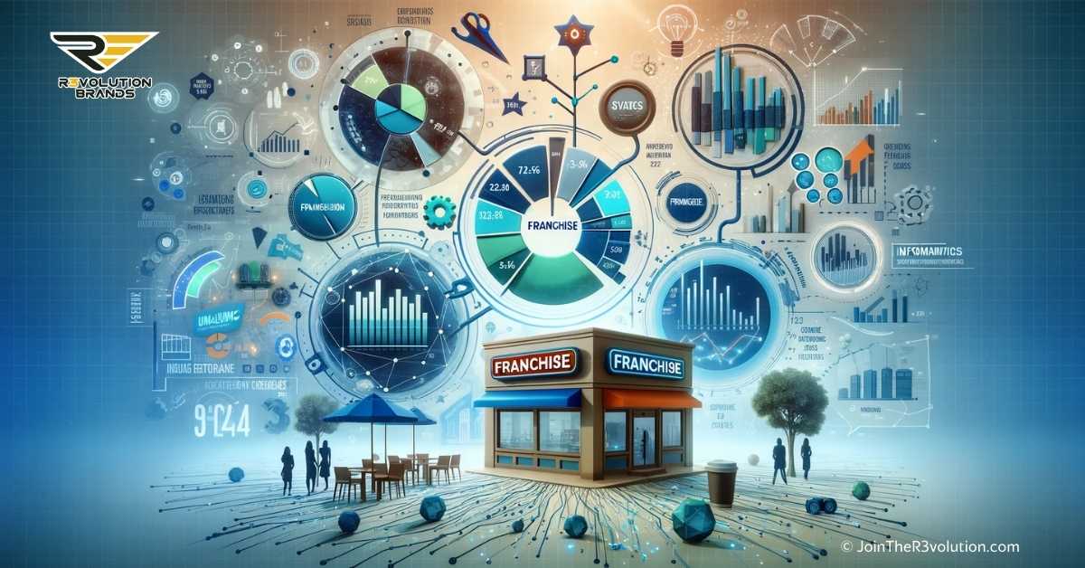 Abstract visualization of franchise success statistics, featuring charts and graphs against a backdrop of franchising symbols, highlighting key insights for strategic investment decisions in 2024.