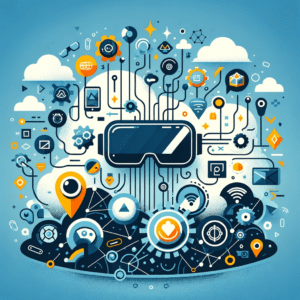 A flat icon representing virtual and augmented reality's role in customer engagement, featuring VR headsets and AR icons