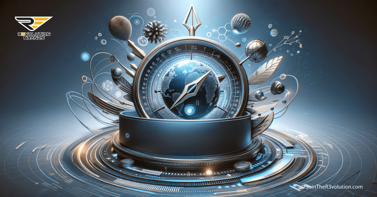 3D rendering of a compass and navigational tools intertwined with futuristic elements, symbolizing adaptability and foresight in management