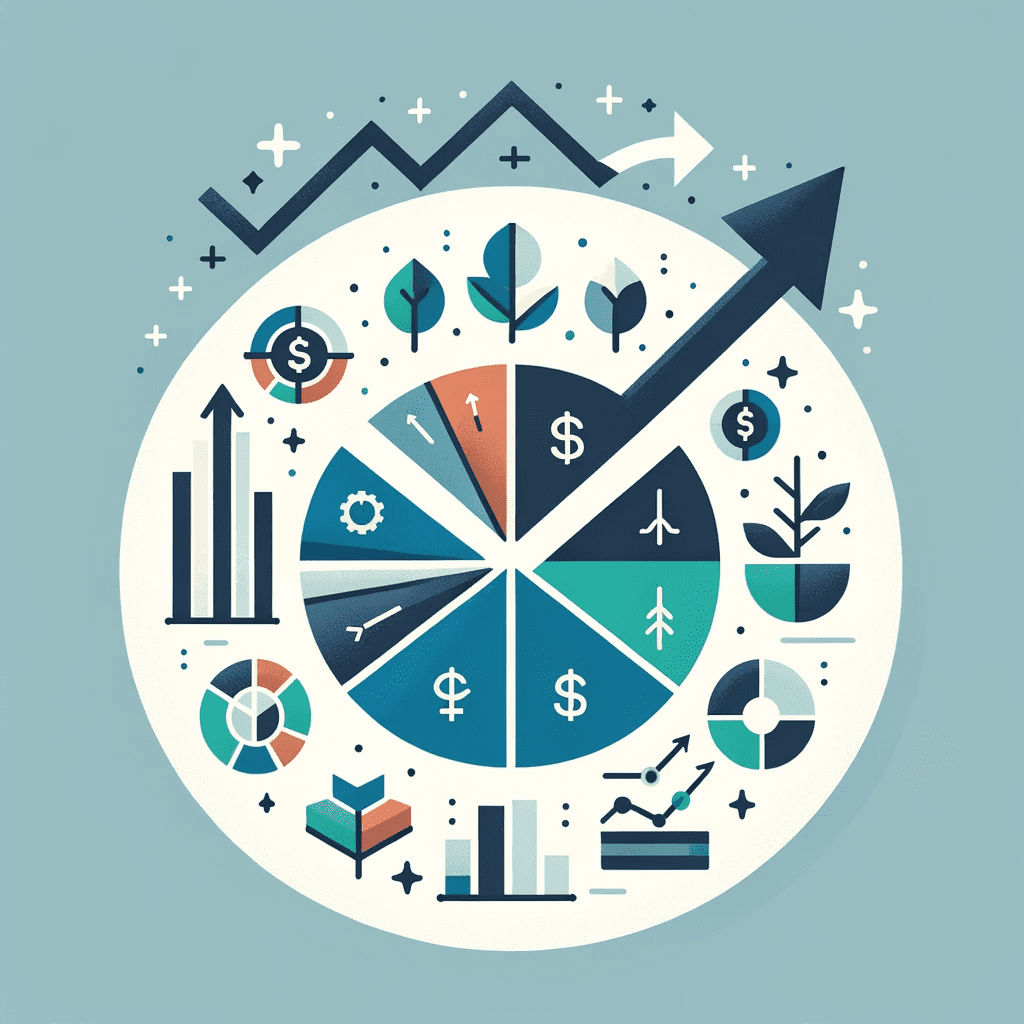 A flat icon representing asset allocation, featuring a pie chart with investment segments, icons for stocks, bonds, real estate, and symbols of growth.