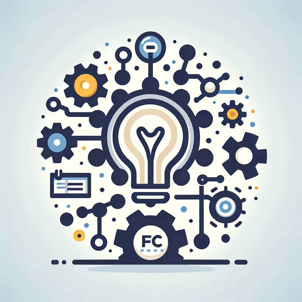  flat icon representing best practices in franchising innovation, featuring a lightbulb, interconnected gears, and an abstract franchise symbol, in #EBB61A and #222222
