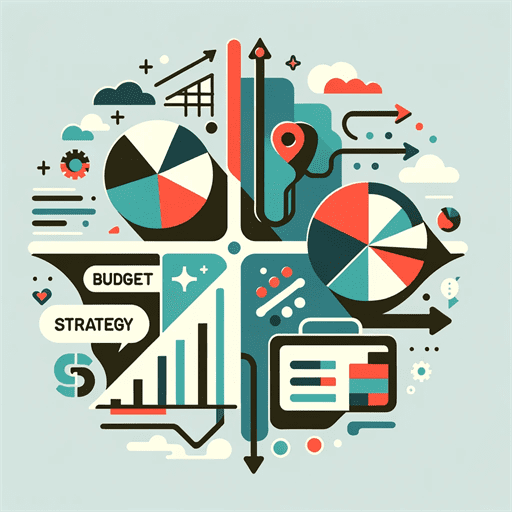 A flat icon representing the alignment of budgeting with business strategy, featuring abstract pie charts and a strategic planning board connected by arrows, in a professional color scheme.