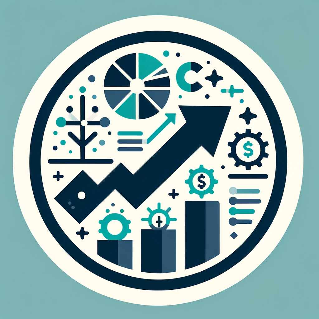 A flat icon symbolizing smart budgeting and resource management with a pie chart, upward arrow, and resource symbols, in #EBB61A and #222222