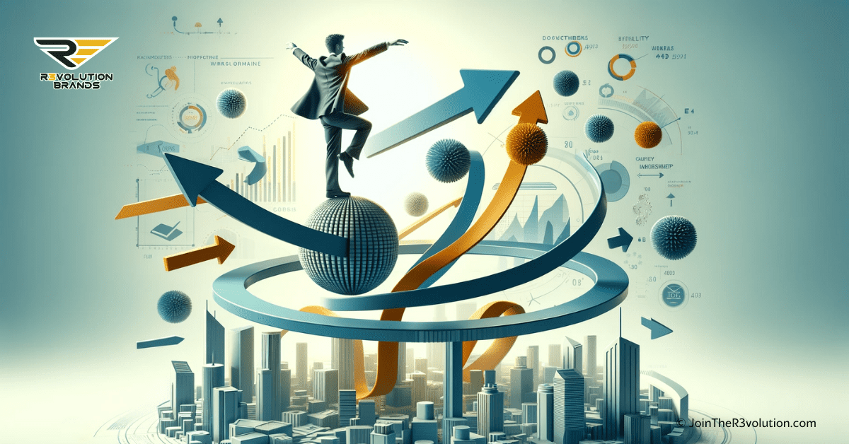 3D illustration depicting agility and flexibility in business, with a figure of an acrobat balancing on a shifting platform and dynamic arrows, set against a modern corporate landscape in a color scheme of gold and dark grey.