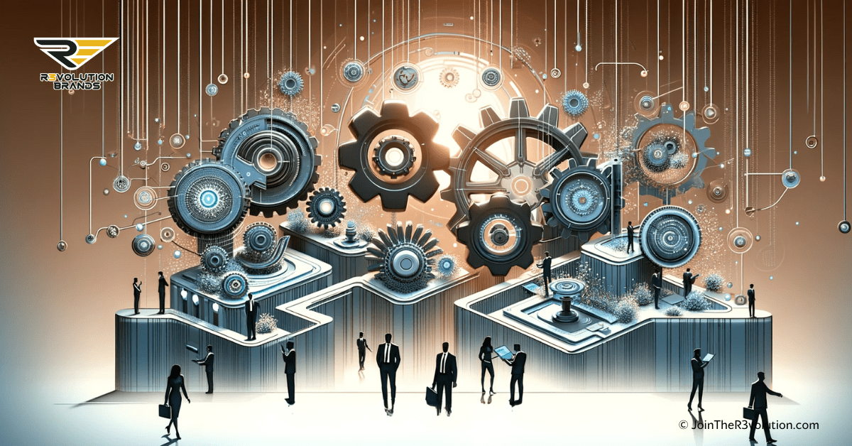 A 3D business-themed image depicting gears, digital networks, and silhouettes interacting with automation technologies, in #EBB61A and #222222.