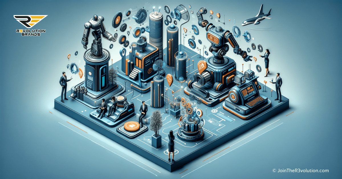 A 3D image depicting futuristic automated systems and machinery, with abstract figures of professionals interacting with these systems, in a modern #EBB61A and #222222 color scheme.
