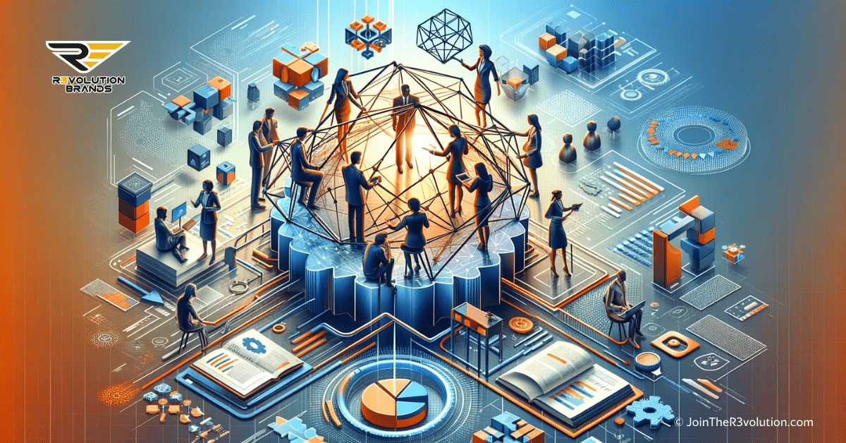 A 3D image illustrating collaboration in business with interconnected networks, 3D shapes for joint efforts, and abstract silhouettes of professionals.