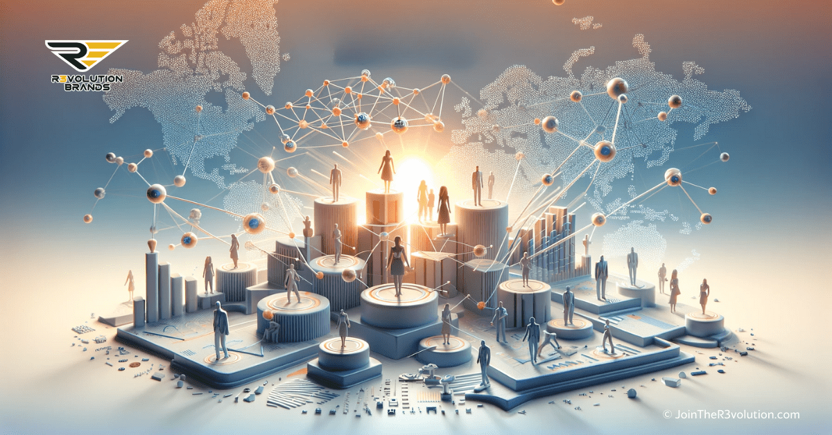 A 3D image depicting interconnected networks and abstract figures collaborating, symbolizing partnership and teamwork in franchises.