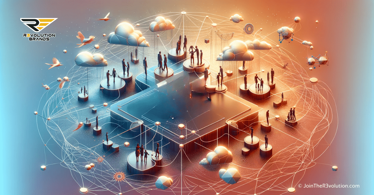 A dynamic 3D image depicting interconnected networks and abstract figures in teamwork, symbolizing the impact of collaboration on competitive business landscapes.