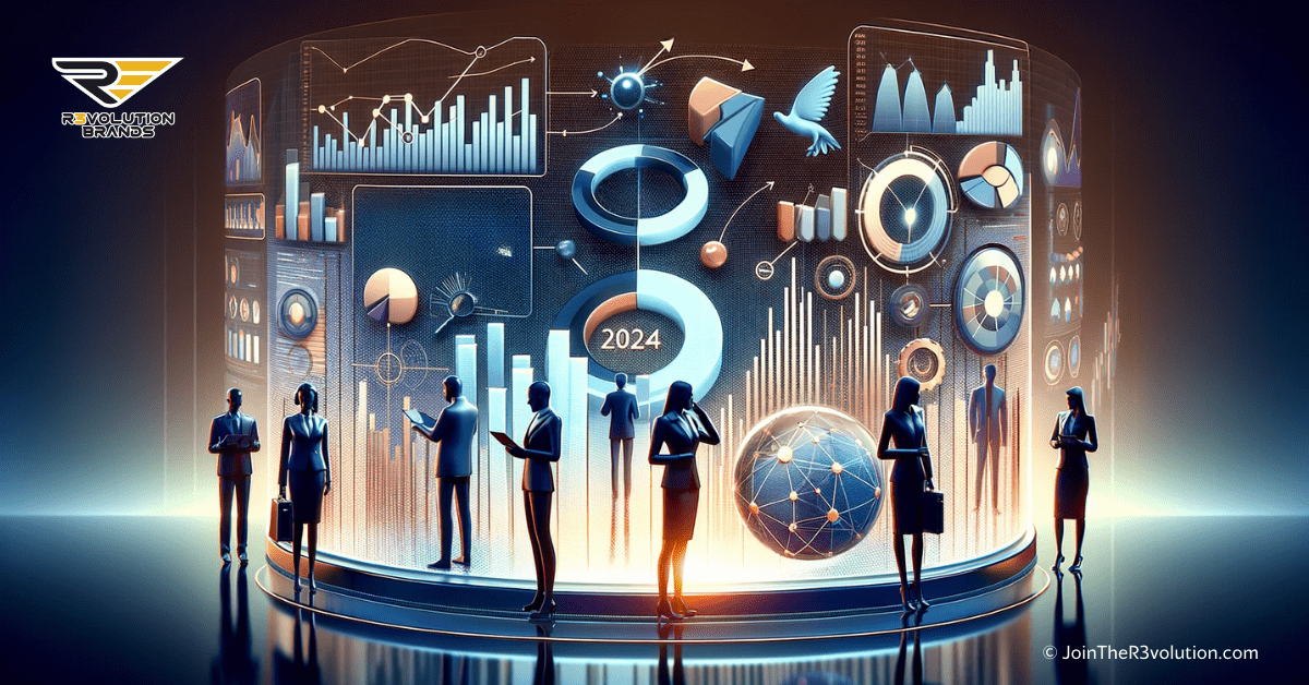 A 3D image depicting elements like graphs, consumer data analysis, and silhouettes of business professionals, in #EBB61A and #222222, representing insights into 2024 consumer behavior.