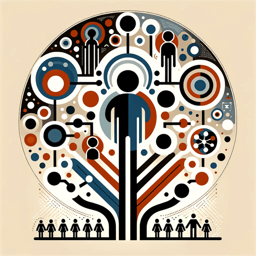 A flat icon representing cultural and organizational change in collaboration, featuring interconnected circles, diverse silhouettes, and harmonious shapes.