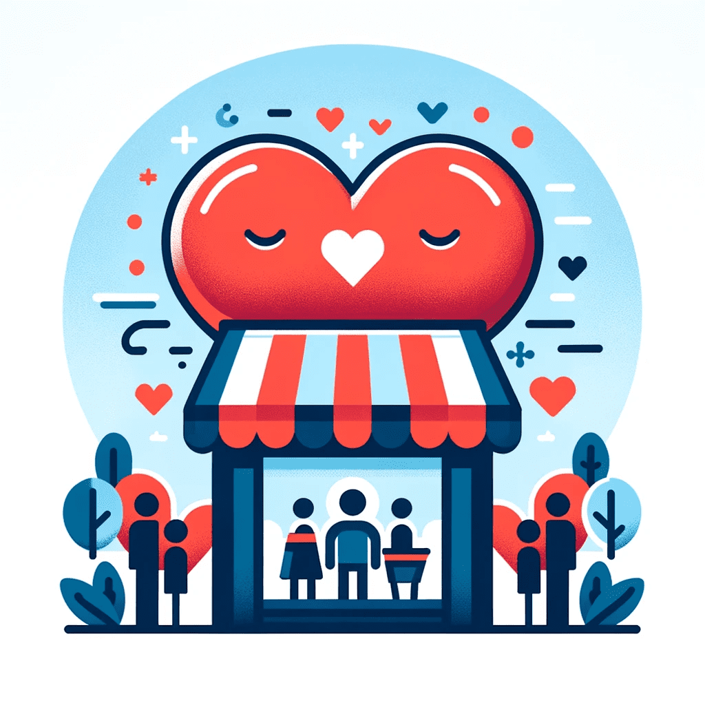 A flat icon showcasing a friendly storefront and a heart symbol with abstract figures of happy customers, in #EBB61A and #222222.